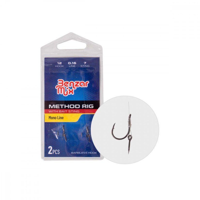 BENZAR METHOD KÖTÖTT HOROG MONOFIL ZSINÓRON 2DB/CSOMAG - Előke, horog, csalitüske: 8,5cm / 8 + 10mm tüske